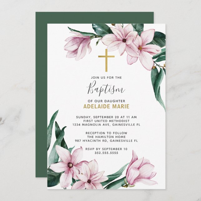 Pink Gold Magnolia Floral Baptism Invitation (Front/Back)