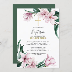 Pink Gold Magnolia Floral Baptism Invitation