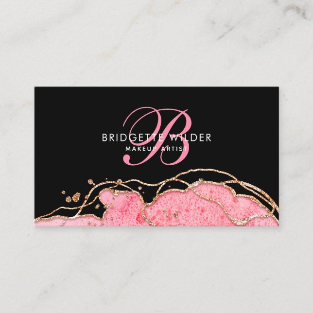 Pink Gold Marble Agate Black Makeup Artist  Business Card (Front)