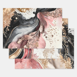 Pink Gold Marble Floral Glitter Abstract Design Wrapping Paper Sheet