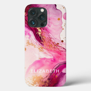 pink gold marble glitter personalized name iPhone 13 pro case