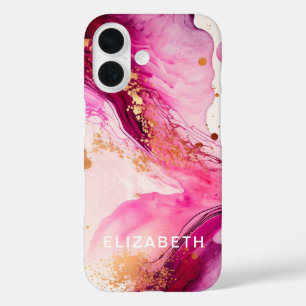 pink gold marble glitter personalized name  iPhone 16 case