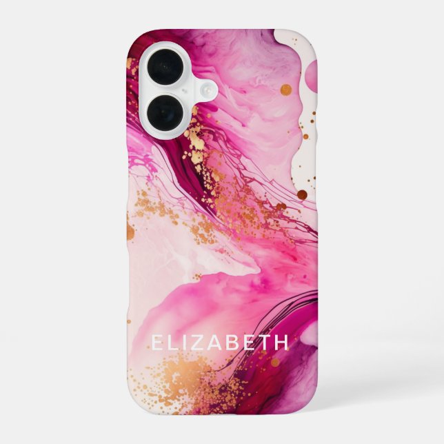 pink gold marble glitter personalized name  iPhone 16 case (Back)