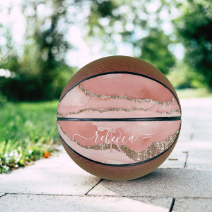 Pink Gold Marble Monogram Calligraphy Script Name  Basketball