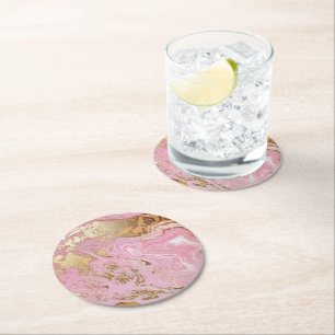 Pink Gold Marble Pattern Round Paper Coaster