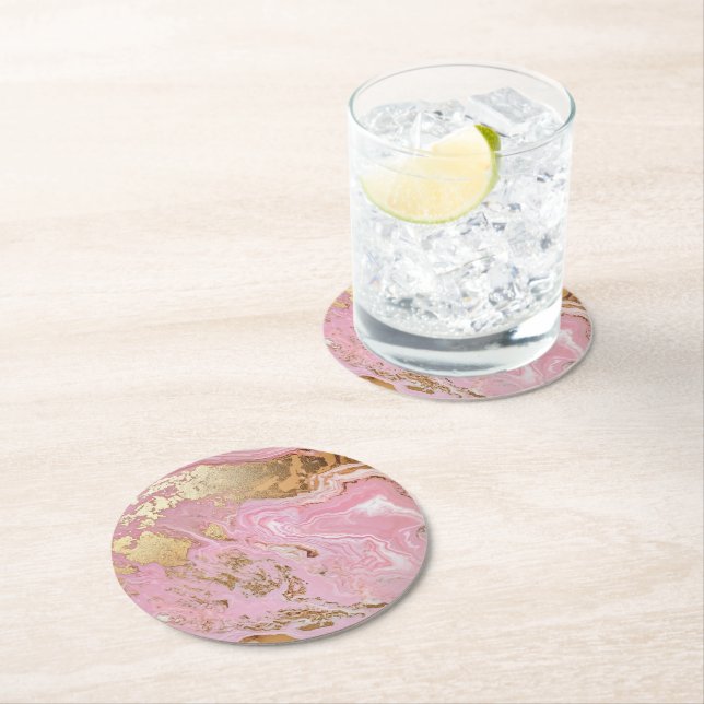 Pink Gold Marble Pattern Round Paper Coaster (Insitu)