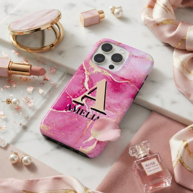 Pink Gold Marble Personalized Monogram  iPhone Case (Creator Uploaded)