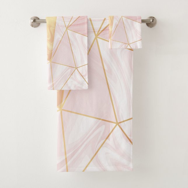 Pink & Gold Marble Poly Geometric Triangles Bath Towel Set (Insitu)