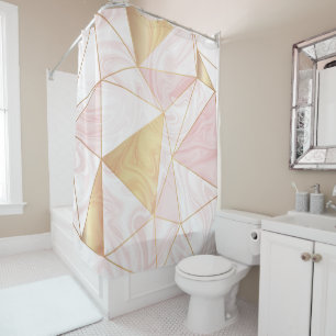 Pink & Gold Marble Poly Geometric Triangles Shower Curtain