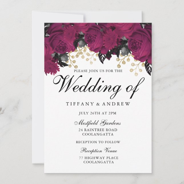 Pink Gold Marsala Flowers Wedding Invitation (Front)