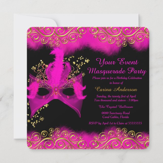 Pink Gold Mask Masquerade Birthday Party Invitation (Front)