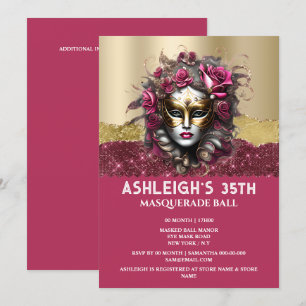 Pink gold masquerade rose Venetian mask girls glam Invitation