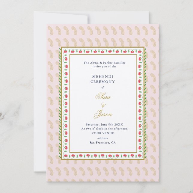 Pink & Gold  Mehendi Ceremony Indian  Invitation (Front)