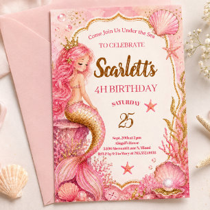 Pink & Gold Mermaid Birthday Invitation Card