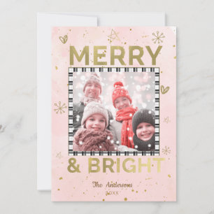 Pink Gold MERRY & BRIGHT Holiday Doodle Photo Card