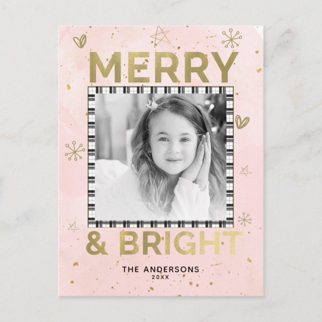 Pink Gold MERRY & BRIGHT Holiday Doodle Photo Postcard (Front)