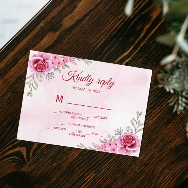 Pink Gold Minimalist Floral Wedding  RSVP Card (Creator Uploaded)