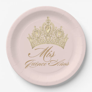 Pink Gold Mis Quince Anos Chic Elegant Tiara Paper Plate