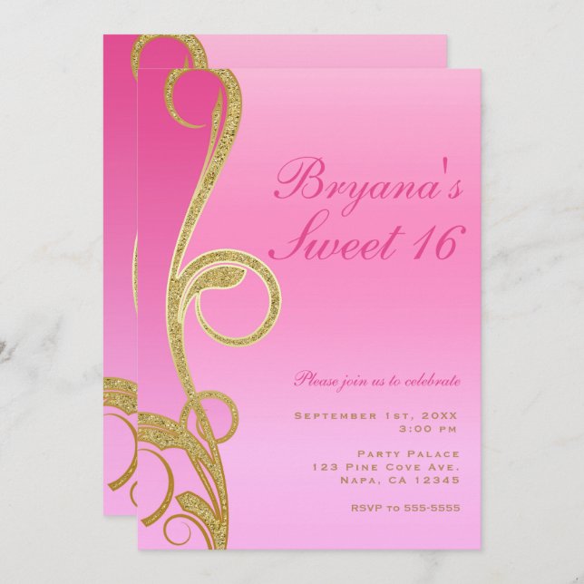Pink & Gold Modern Chic Glam Swirl Sweet 16 Party Invitation (Front/Back)