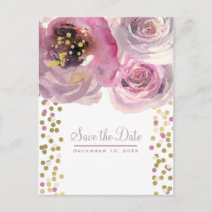 Pink & Gold Modern Floral Watercolor Save the Date Announcement Postcard