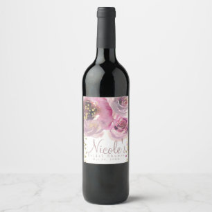 Pink Gold Modern Floral Watercolor Wedding Wine Label