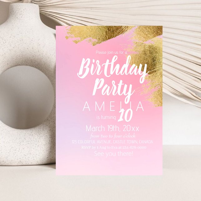  Pink Gold Modern Girl 10th Birthday Party Invitation (Creator Uploaded)