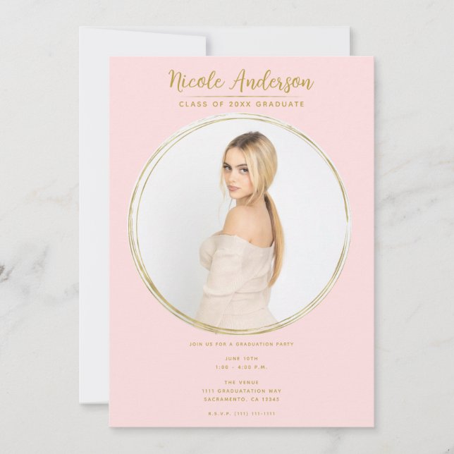 Pink & Gold Modern Round Photo Graduation Party Invitation (Front)