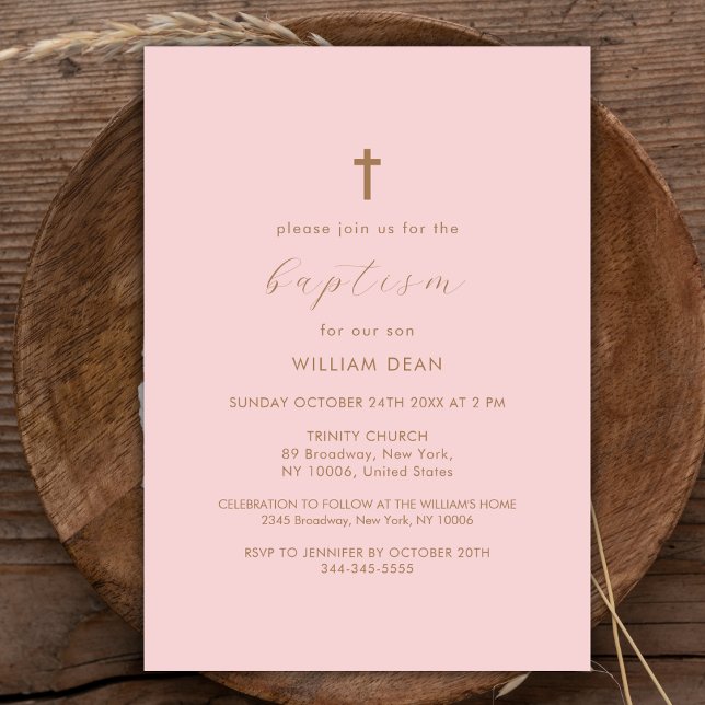 Pink & Gold Modern Script Boho Cross Baptism Invitation (Pink & Gold Modern Script Boho Cross Baptism Invitation)