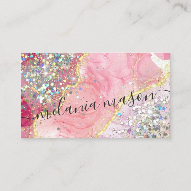Pink Gold Modern Watercolor Alcohol Ink Glitter Business Card (Front)