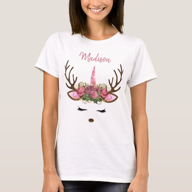 Pink & Gold Monogram Christmas Unicorn Reindeer T-Shirt (Front)