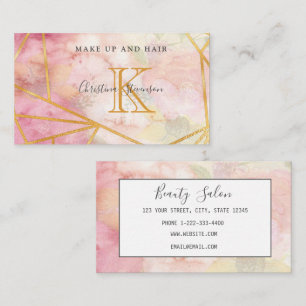 Pink Gold Monogram Floral Makeup Artist Hair Salon Business Card