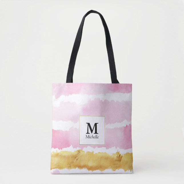 Pink & Gold Monogram Striped Tote Bag (Front)
