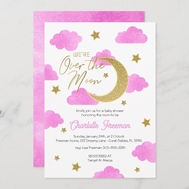 Pink Gold Moon & Stars Baby Shower Invitation  (Front/Back)