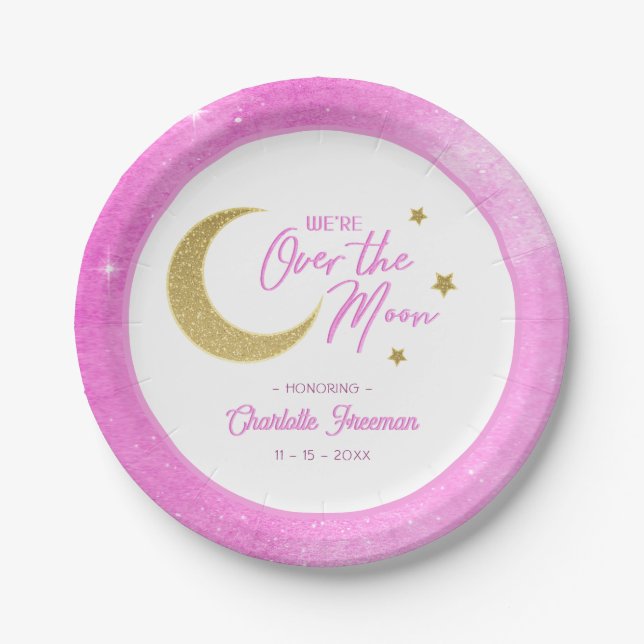 Pink Gold Moon & Stars Over the Moon Baby Shower  Paper Plate (Front)