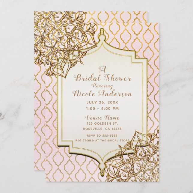 Pink & Gold Moroccan Arabian Nights Bridal Shower Invitation (Front/Back)