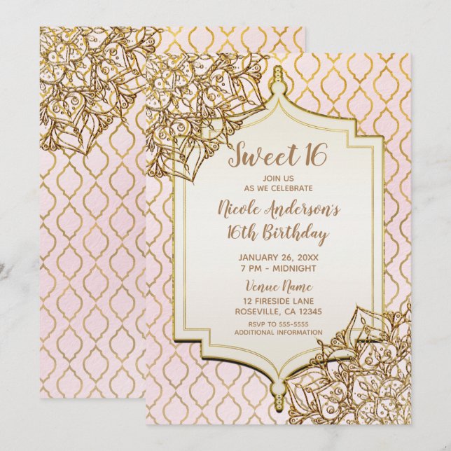 Pink & Gold Moroccan Arabian Nights Sweet 16 Party Invitation (Front/Back)