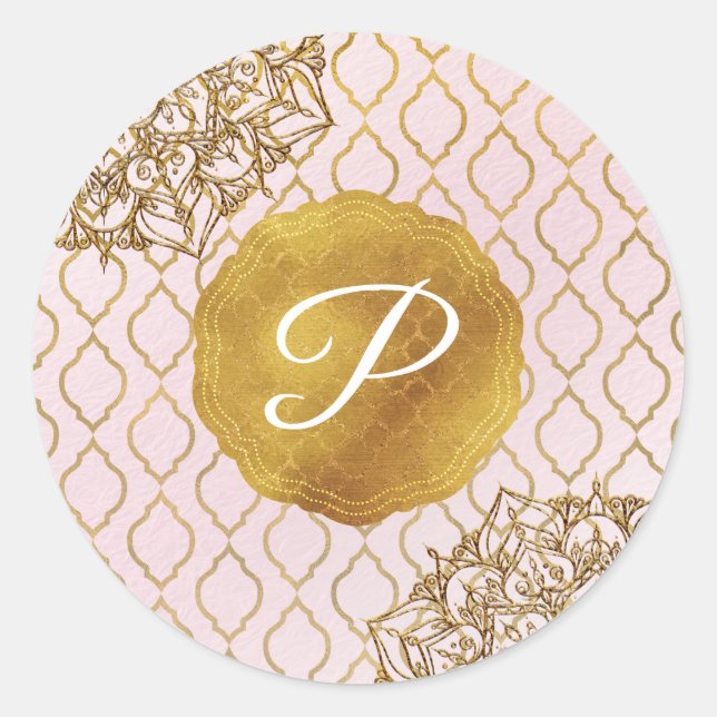 Pink & Gold Moroccan Glam Monogram Wedding Favour Classic Round Sticker (Front)