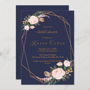 Pink Gold Navy Boho Chic Floral Bridal Shower Invitation