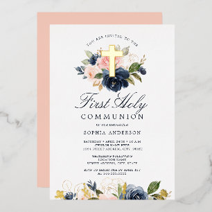 Pink Gold Navy Floral Girls First Communion