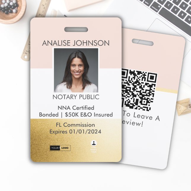 Pink & Gold Notary Signing Agent, Mobile Notary ID ID Badge (Creator Uploaded)
