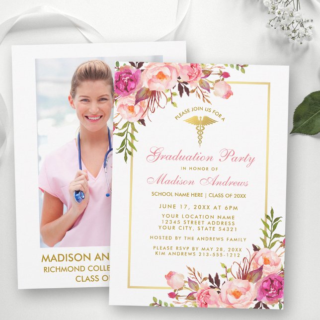 Pink Gold Nurse Grad Party Invite - Back Photo (Customize to change text size, text style or text color.)