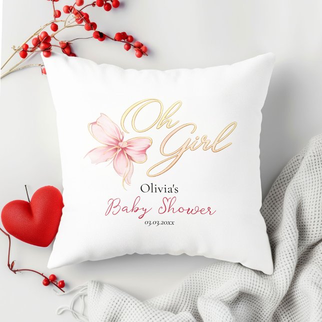 Pink & Gold “Oh Girl” Gold Typography Baby Shower Cushion (Creator Uploaded)