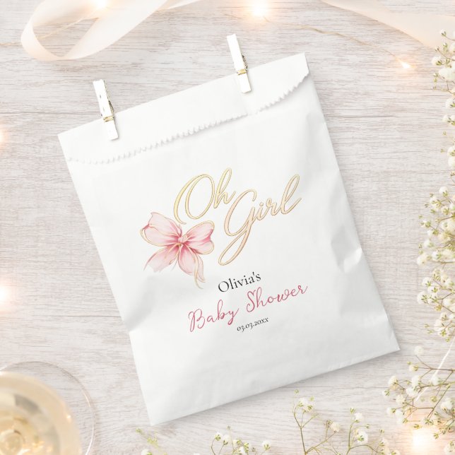 Pink & Gold “Oh Girl” Gold Typography Baby Shower Favour Bag (Clipped)