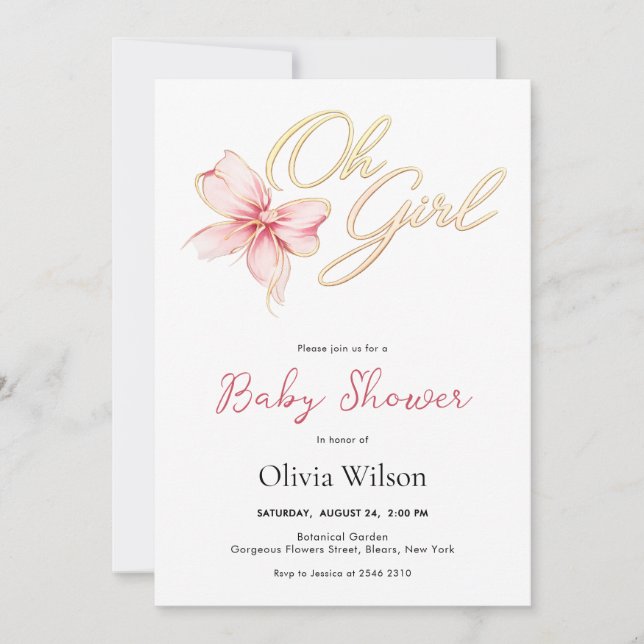 Pink & Gold “Oh Girl” Gold Typography Baby Shower Invitation (Front)