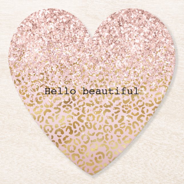 Pink Gold Ombre Leopard Print Blush Glitter      Paper Coaster (Front)