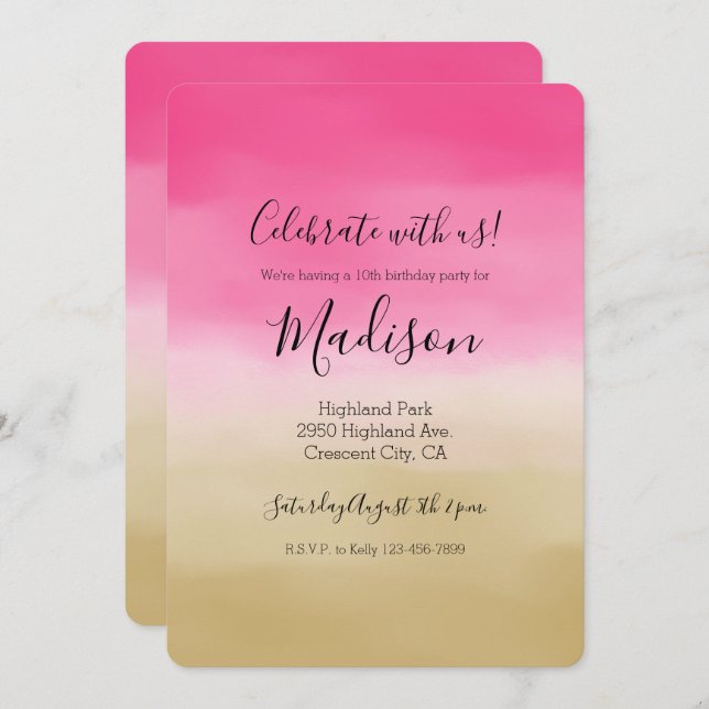 Pink Gold Ombre Watercolor Invitation (Front/Back)