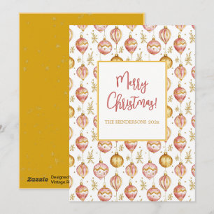 Pink Gold Ornaments Vintage Christmas Holiday Card