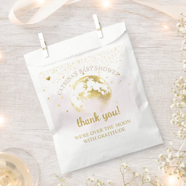 Pink Gold Over the Moon and Stars Baby Shower Favour Bag (Clipped)