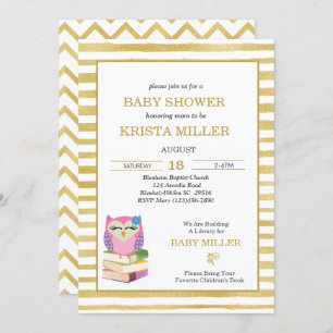 Pink Gold Owl Bring A Book Baby Shower   Invitation
