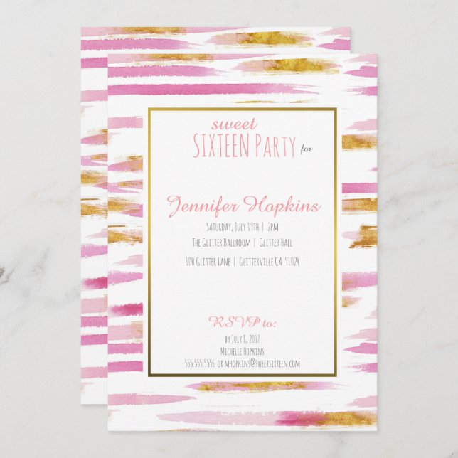 Pink & Gold Paint Stripes Party Invitations (Front/Back)